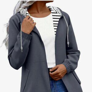 Hooded Bench Jacket With Drawstring Waist and Striped Lining - Size M